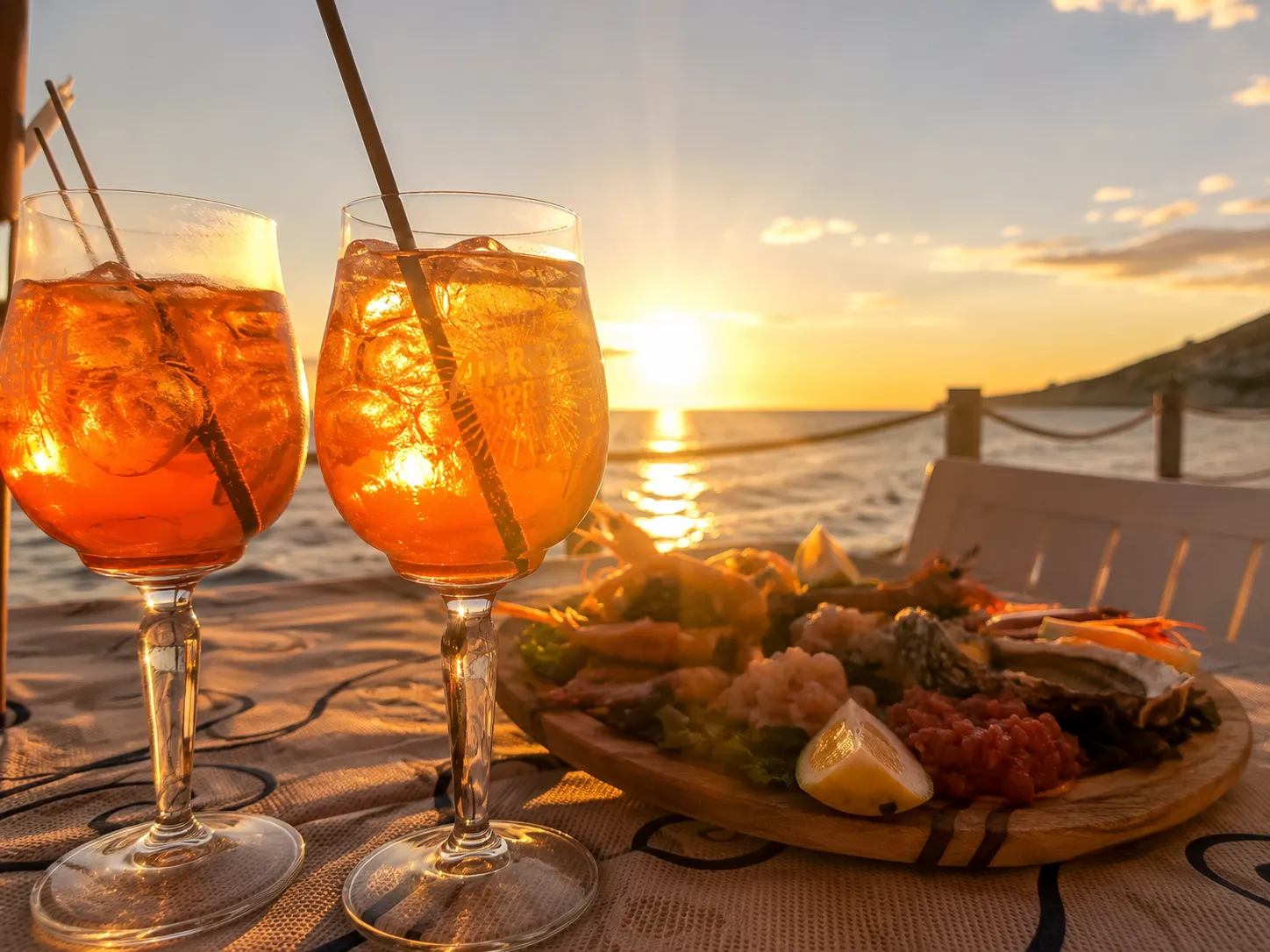 Tagliere di mare e due Spritz al tramonto