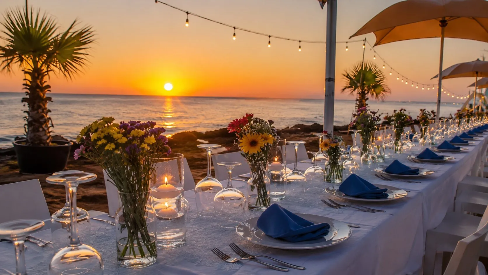 Tavolata elegante allestita in riva al mare al tramonto per un evento al Golden Beach